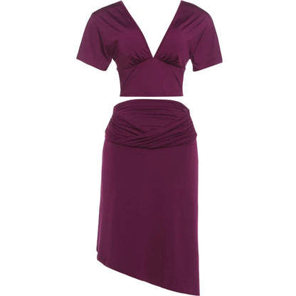 Chic Ruched Elegant 2 Piece Set Woman Trend V-Neck Backless Short Sleeve Crop Tops+Low Waist Mid Skirt Fashion Suit