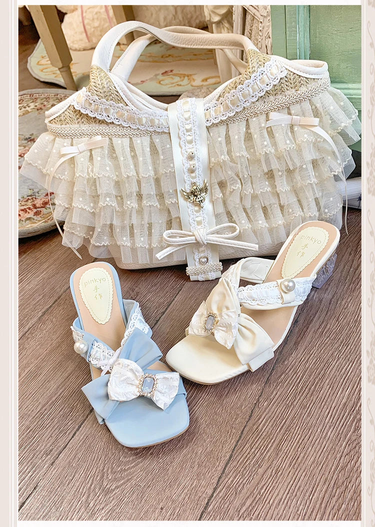 Elegant Lady Japanese Original Lolita Lace Ribbon Bow Handbag Vacation Style Sweet Cute Doll Daily Commuter Versatile Tote Bag