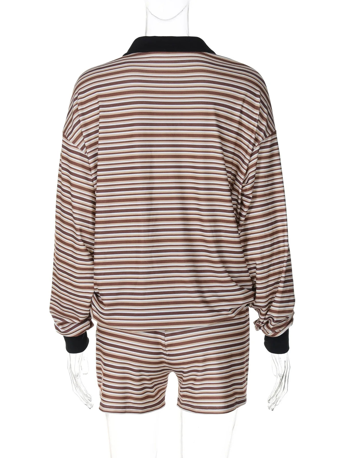 Two Pieces Set Women Long Sleeve Striped Pullovers Hoodies Shorts Matching Casual Streetwear Outfits Shorts Set