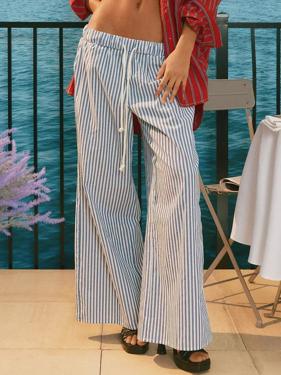 Summer Striped Casual Pants Women 2024 New Rise Low Waist Chic Drawstring Trouser Simple Fashion Wide Leg Pant Female Bottom