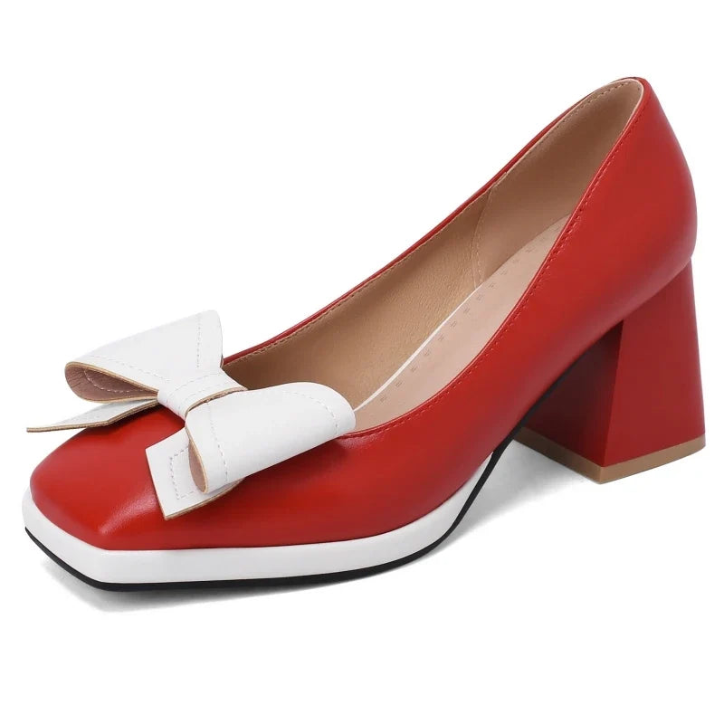 Sweet Bow-tied Women's Heels Shoes Elegant Blue Red Block Medium Heel Pumps Large Size Office Party Wedding Shoes