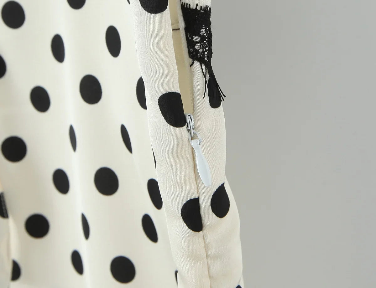 Elegant Girls Short Sleeve V Neck Lace Trim Polka Dot Summer Dress Sexy Backless A-line Midi Holiday Female Vestidos