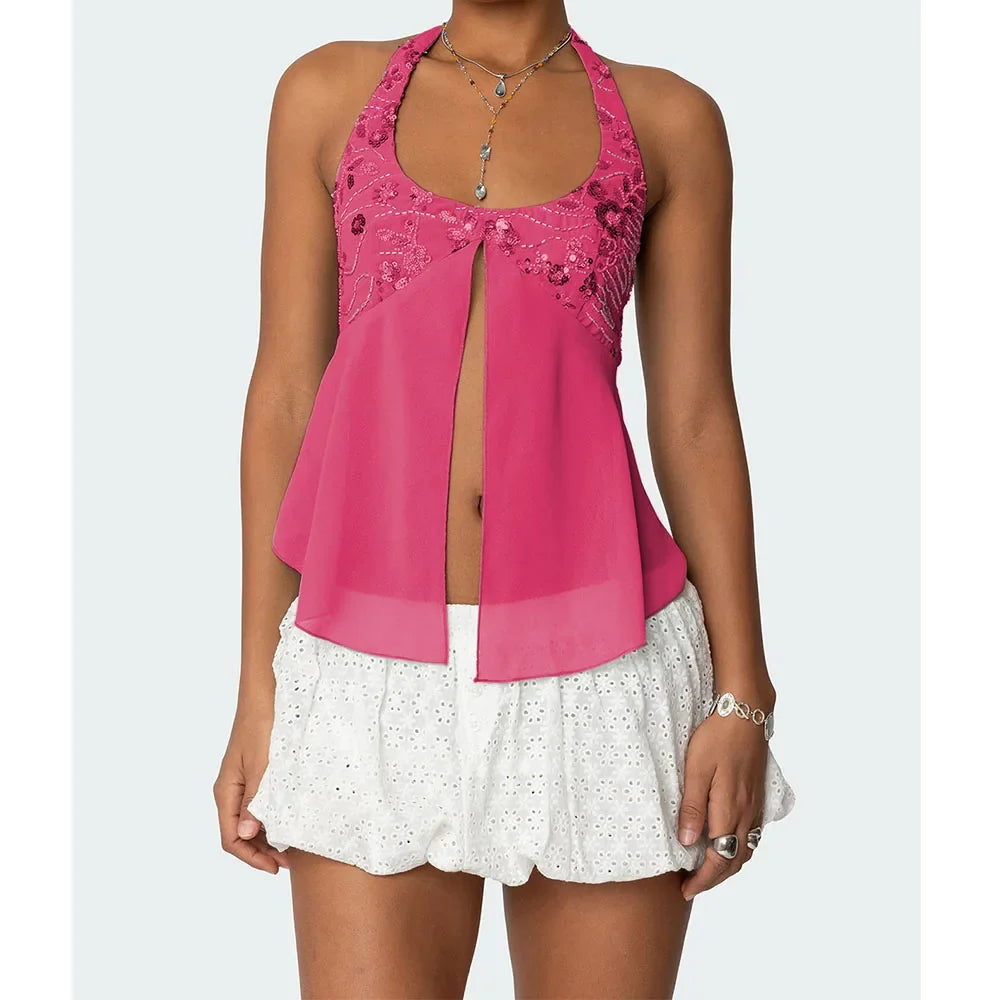 Pearl Embellished Sequins Halter Backless Cami Top