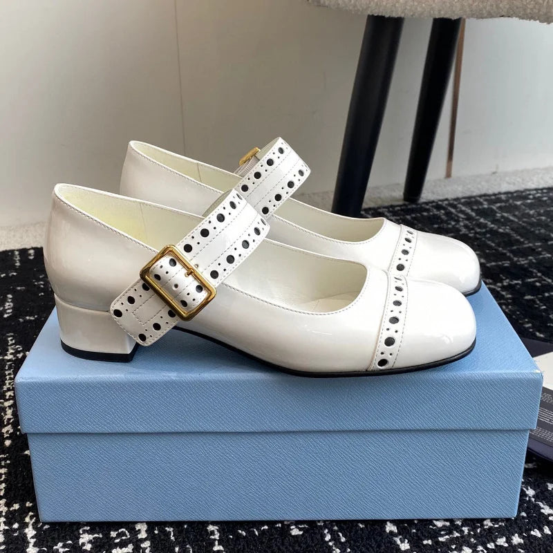 French Mary Jane Thick Heel Women's Shoes Hollow Out Spring 2025 Fashion Patent Leather Metal Buckle Office Dress Pumps Vintage