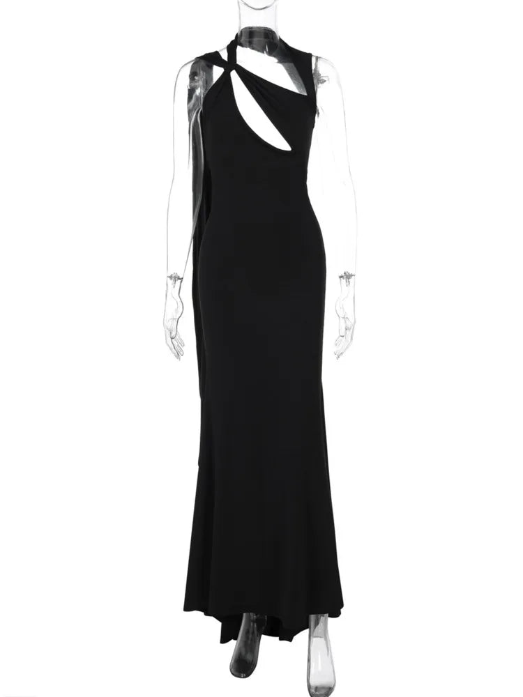 One Shoulder Halter Diagonal Chest Cutout Sash Drape Mermaid Maxi Gown