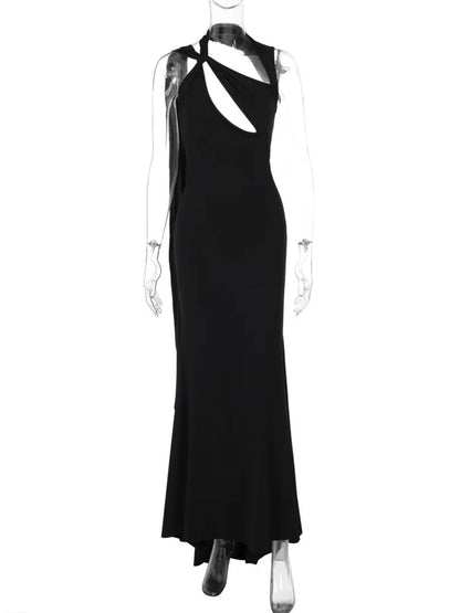 One Shoulder Halter Diagonal Chest Cutout Sash Drape Mermaid Maxi Gown