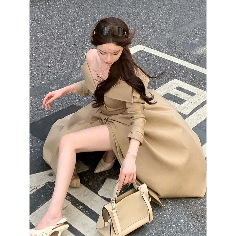 Long Trench Coat Women Streetwear Belt Sexy Off Shoulder Jackets Korean Double Breasted Outerwears Fall Winter Fashion Overcoat