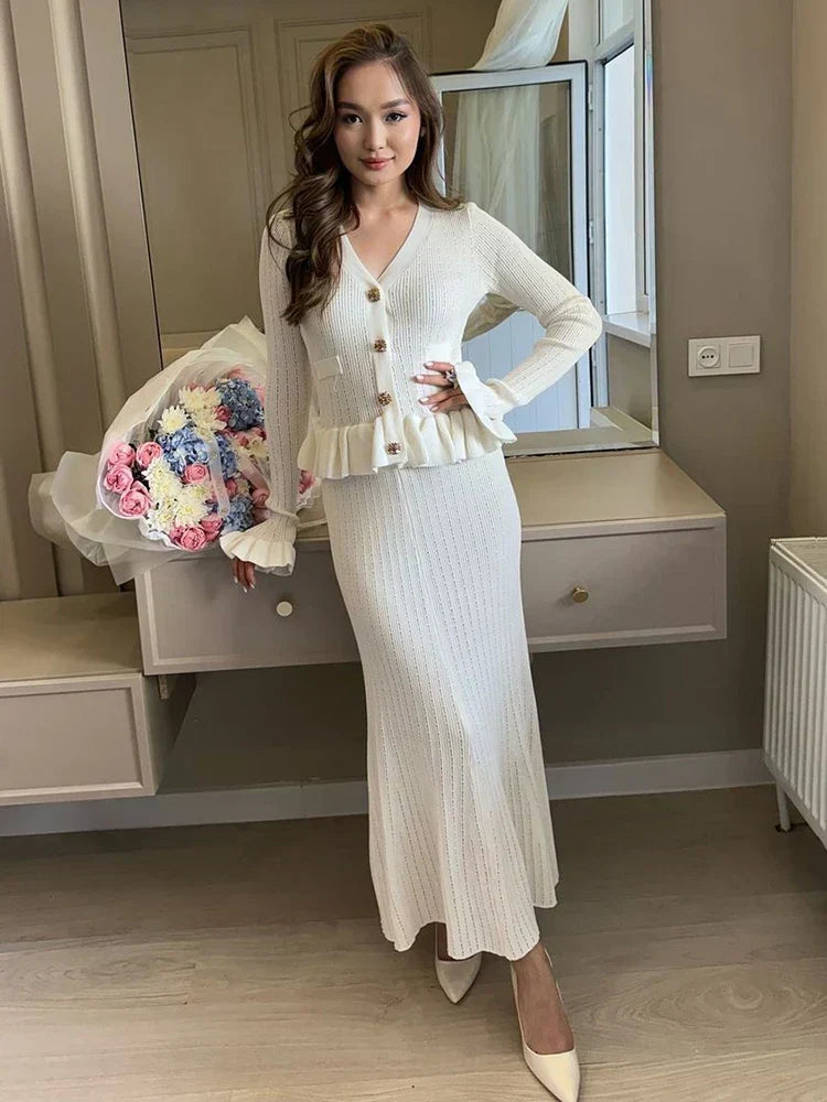 Ribbed Knit Ruffle Hem Button Front Cardigan and Mermaid Midi Skirt Set