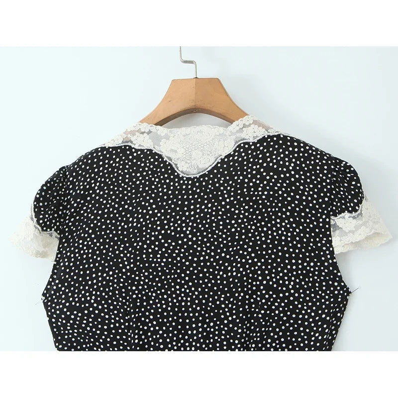 New 2026 Women Short Sleeve V Neck Elegant A-line Midi Summer Polka Dot Dresses Holiday Robe