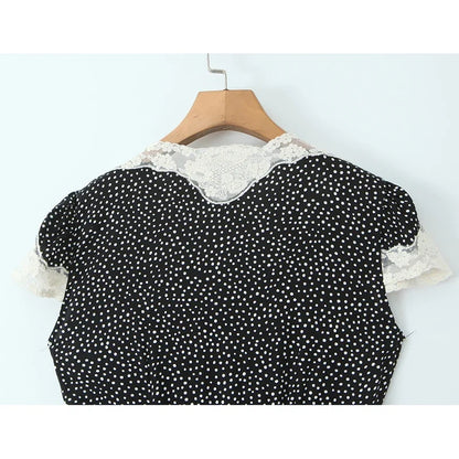 New 2026 Women Short Sleeve V Neck Elegant A-line Midi Summer Polka Dot Dresses Holiday Robe