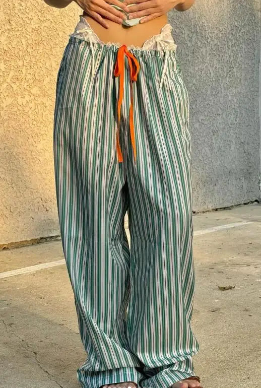 New Fashion Women Loose Pants Stripe Drawstring Elastic Waist Trousers Spring Summer Casual Sweatpants Hot Sale S M L