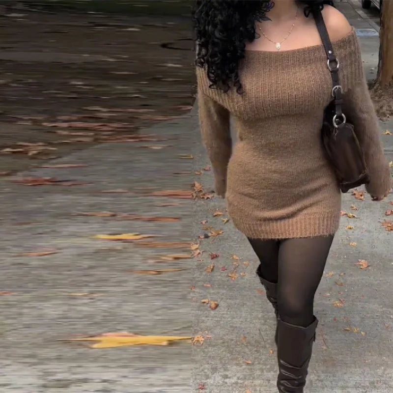 Women's Sexy Off-the-shoulder Bodycon Sweater Trendy Retro Stylish Outfit Office Ladies Party Elegant Temperament Autumn Clothes