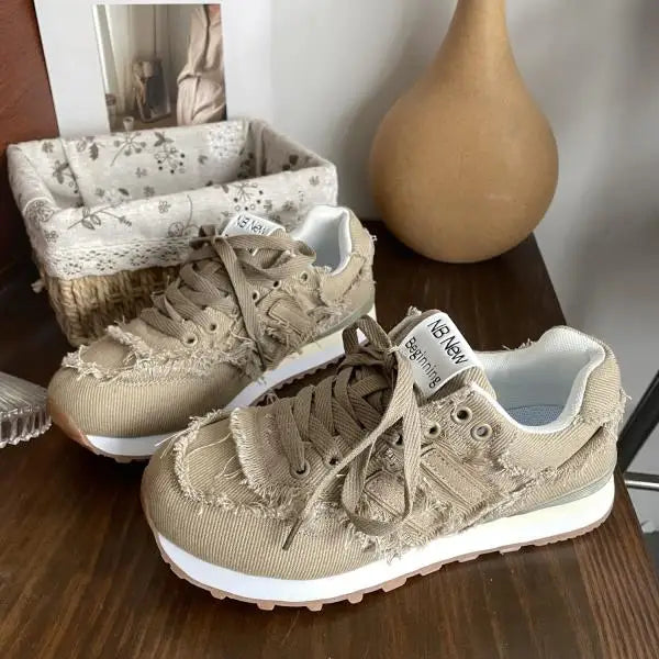 Shoes Woman Round Toe Casual Female Sneakers Espadrilles Platform New Retro Sports Fabric Fretwork Lace-Up Rubber Solid Lei