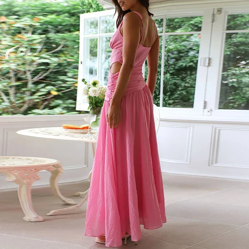 Simple Solid Color Hollow Backless Women's Dress New Summer Casual Sleeveless Pleated Long Dress Fashion Lady V-neck Robe Dress