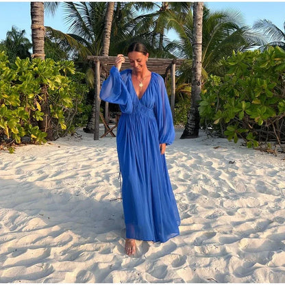 Elegant Pleated Long Dress Women Loose V Neck Long Sleeves High Waist Vestidos Female 2025 Summer Holiday Solid Evening Dresses