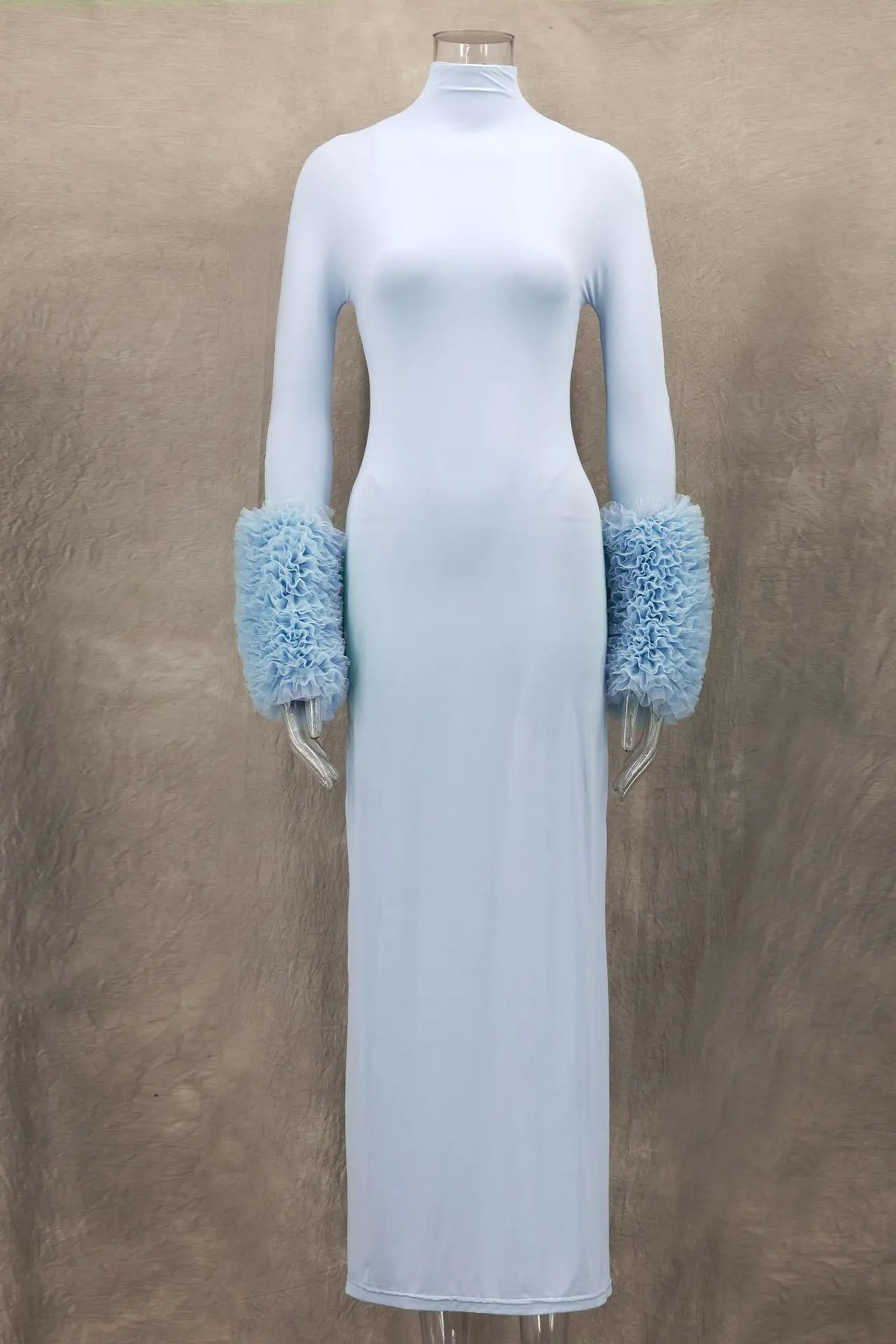 Mock Neck Ruffle Cuff Long Sleeve Bodycon Maxi Dress
