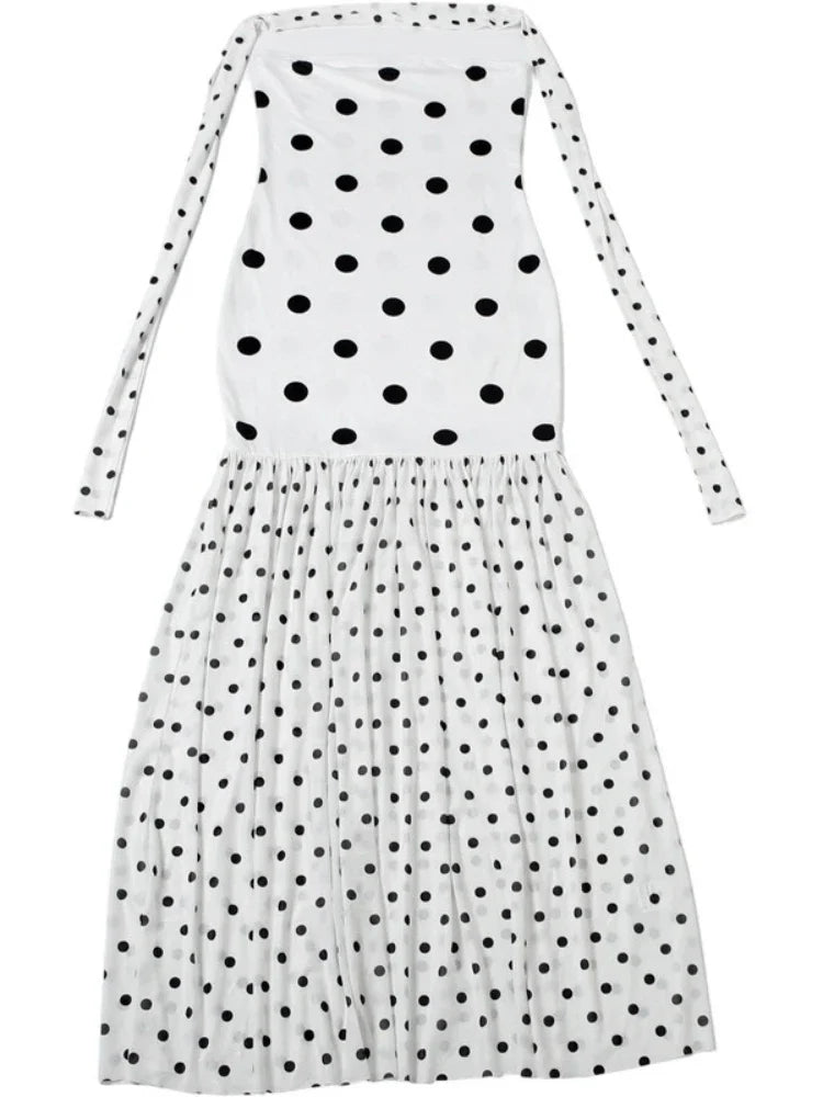 Sexy White Dot Print Strapless Maxi Dress with Matching Scarf for Women Summer Sleeveless Mesh Patchwork Vacation Dress