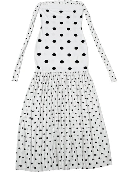 Sexy White Dot Print Strapless Maxi Dress with Matching Scarf for Women Summer Sleeveless Mesh Patchwork Vacation Dress
