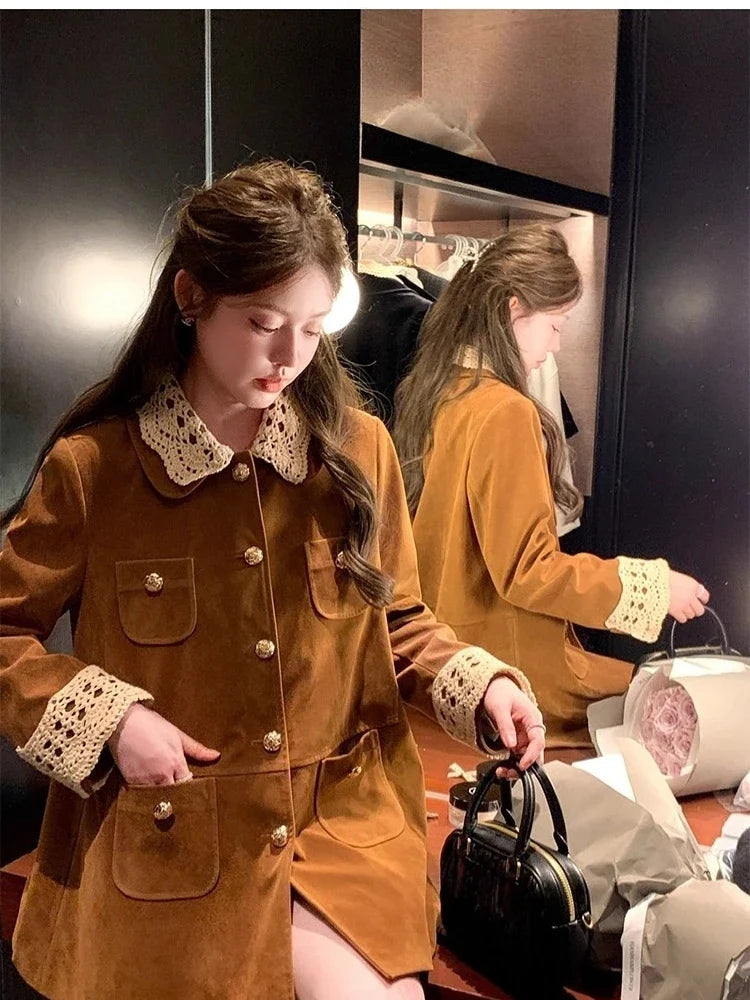 Winter Kawaii Japanese Fashion Wool Lapel Lace Velvet Women Coat Sweet 2000s Vintage Cute JK Preppy Style Chic Casual Outerwears
