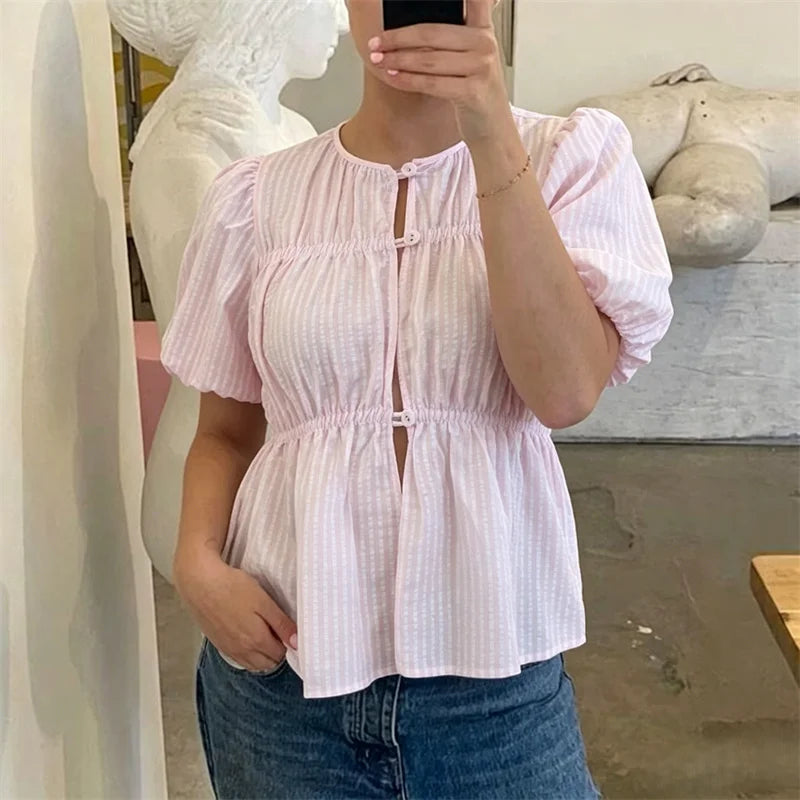 Elegant Striped Print Puff Sleeve Blouse Women Casual Button up Loose O Neck Tops Shirt Fashion New Female Commute Streetwear