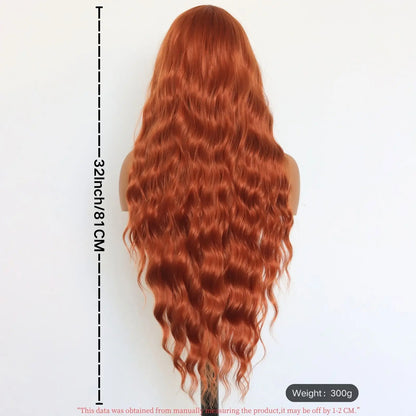 Long Ginger Wavy 13×4 Lace Front Synthetic Wig For Women Orange Heat Resistant Fiber Wig For Daily Party Use (32Inch)