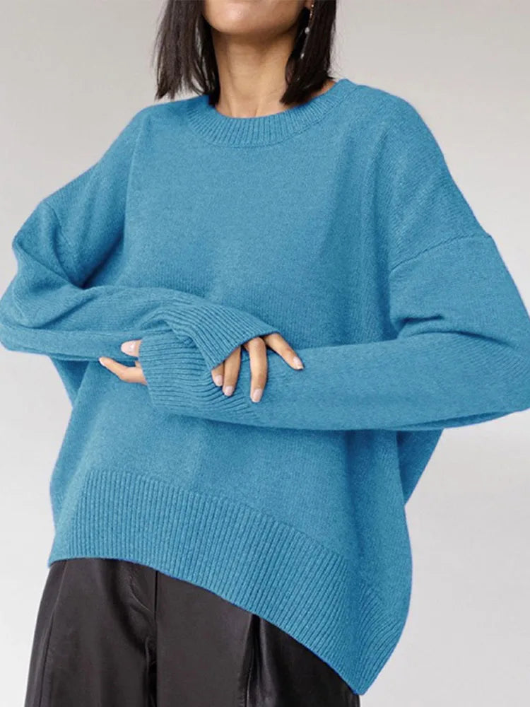 Solid Thicken Knitted Sweaters Women Loose O-neck Long Sleeve Female Pullovers Autumn Winter Fashion New Chic Lady Outwears