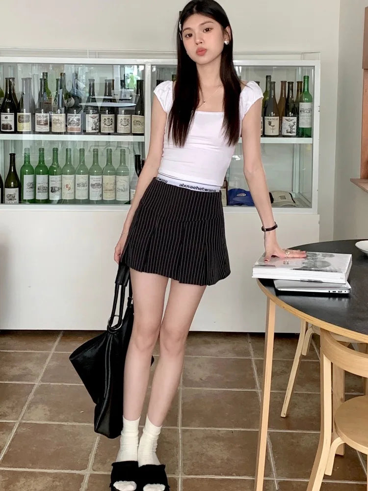 American Retro Stripe Mini Skirt Fake Two Pieces Patchwork High Waist Hip Wrap Skirt for Women Summer A-line Skirt New