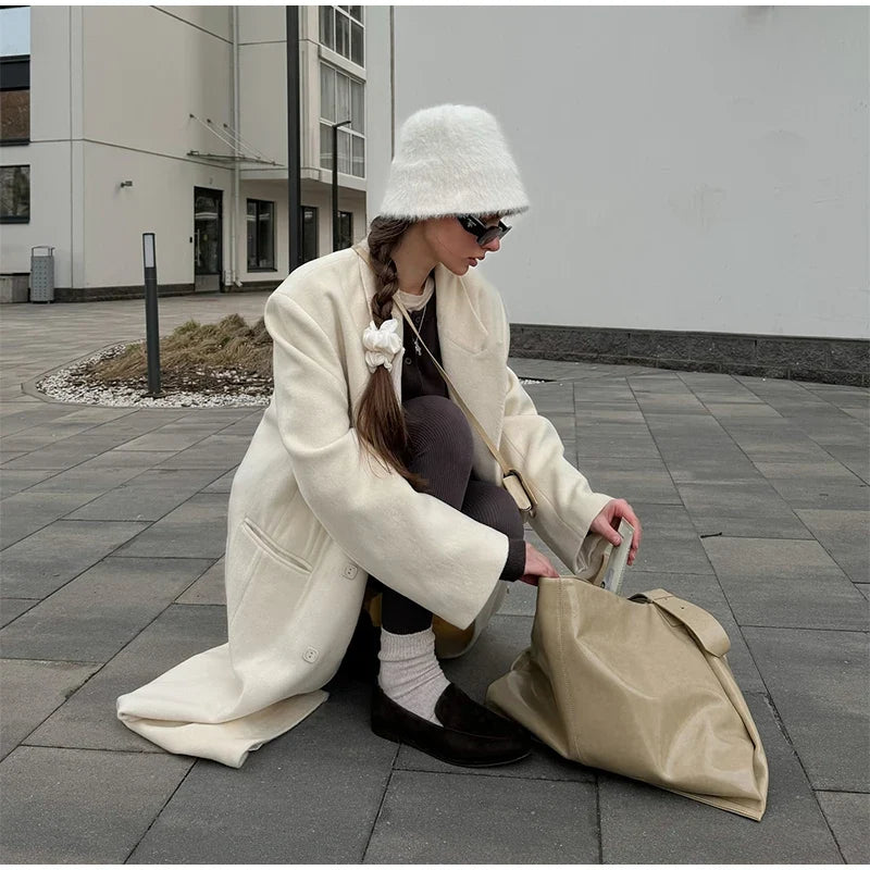 Elegant Solid Double Breasted Long Coat Women Chic Casual Loose Lapel Pad Shoulder Tweed Coats Lady Winter Retro Street Outwear