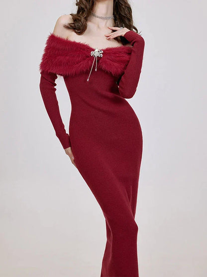Off-Shoulder Faux Fur Collar Brooch Detail Rib Knit Bodycon Midi Dress