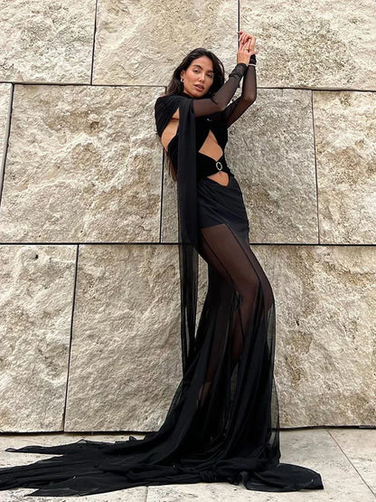 Off Shoulder Mesh Ring Buckle Cutout Hooded Cape Maxi Dress
