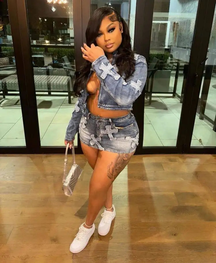 Denim Mini Cargo Elegant Jeans Club Two Piece Skirt Set