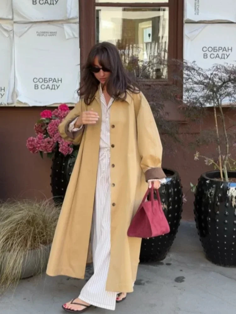 Women Khaki Lapel Long Windbreaker Fashion Single Breasted Full Sleeve Causal Jacket New Autumn Lady High Street Outerwear