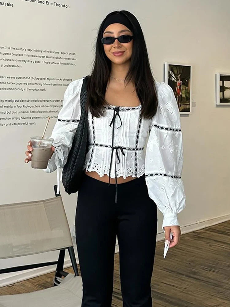 Elegant Lace Up Women Shirt Top Puff Long Sleeve Lady Blouses 2024 Spring Summer Fashion Sweet Square Collar Female Streetwear