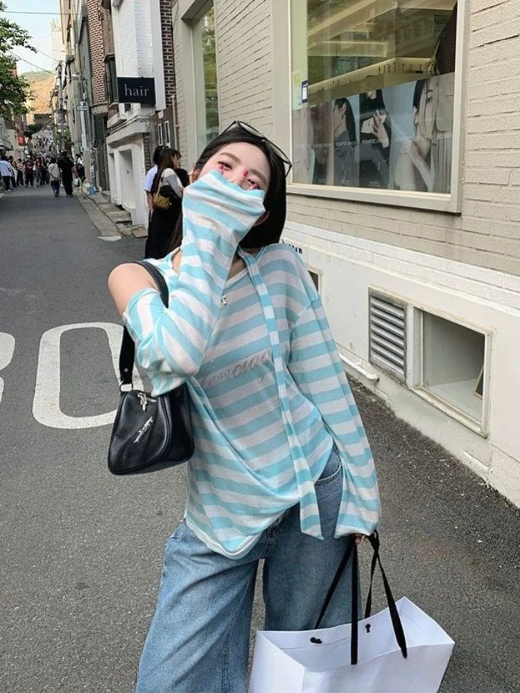 Blue Stripe One Shoulder T Shirts for Women Summer Thin Long Sleeve Sun-proof Y2k Tops Harajuku Girls Aesthetic Clothes
