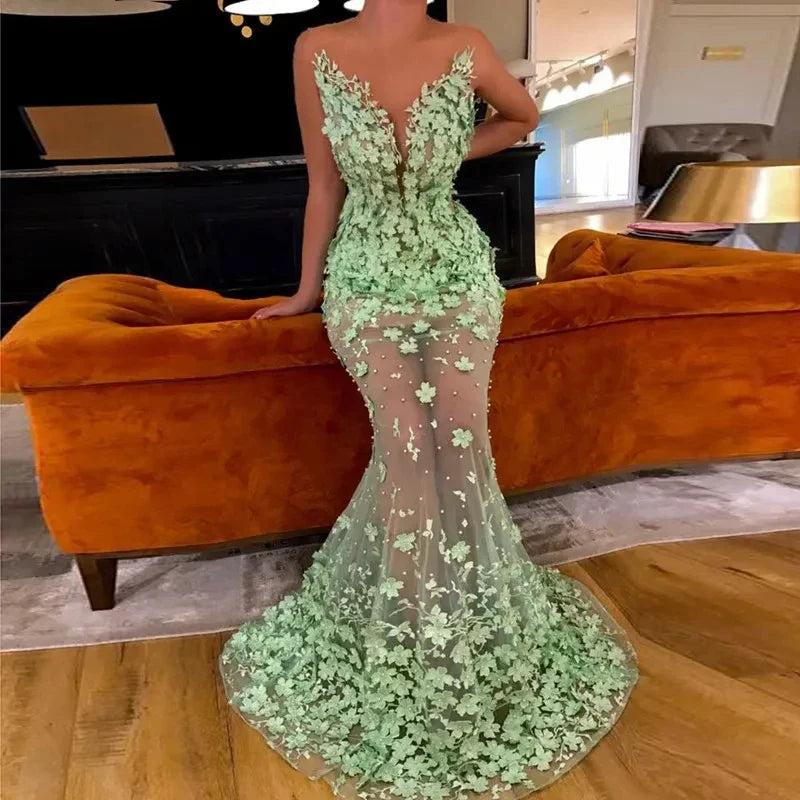 Mint Green Mermaid Evening Dresses 3d Flowers Beaded Sleeveless Prom Dress Sexy Dubai Saudi Arabic Long Evening Gowns