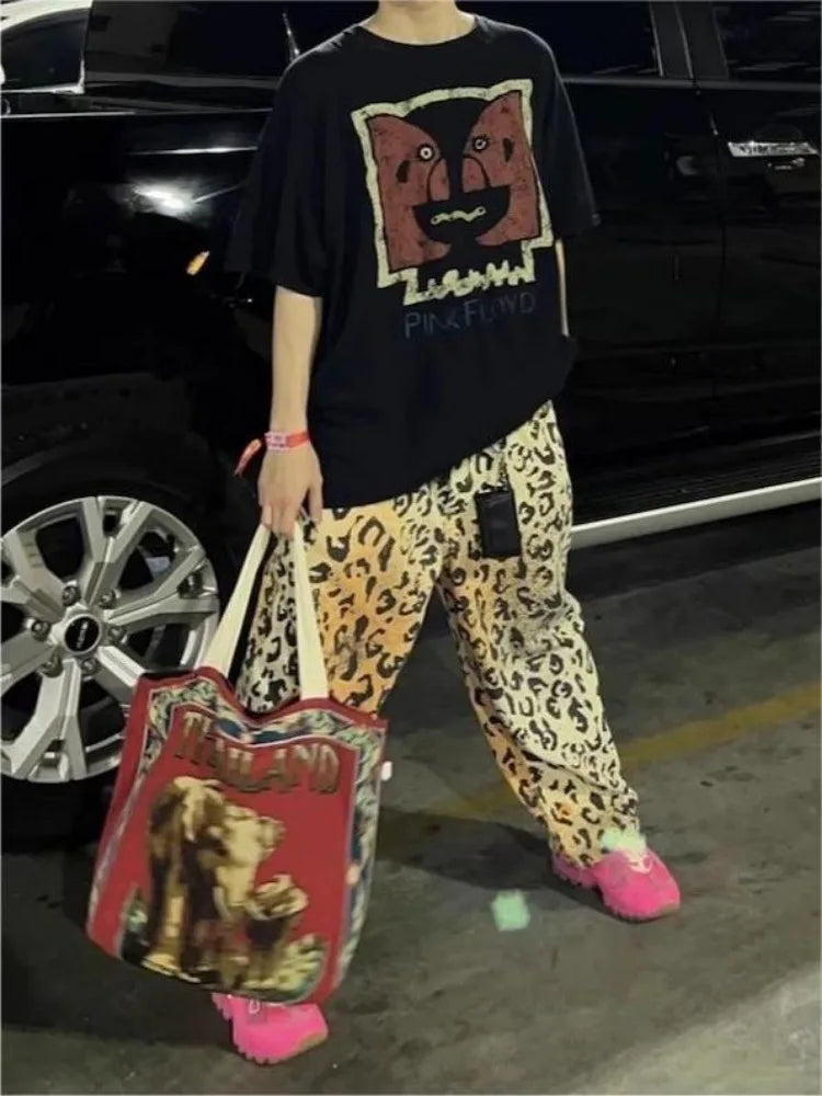 Y2k Vintage Leopard Jeans Baggy Woman's Harajuku Denim Pants Oversized Streetwear Gyaru Trousers Hippie Casual Spring