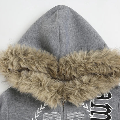 Preppy Style Fur Trim Hooded Sweatshirt Coats Winter Casual Warm Thick Zipper Long Sleeve Hoodies Women Streetwear
