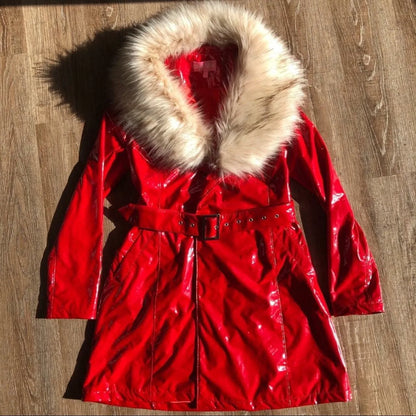Y2K Fur Collar Red Coat Womens Autumn Winter Leather Jacket Harajuku Gothic Long Sleeved Long Jacket Fashion Autumn Winter Coat