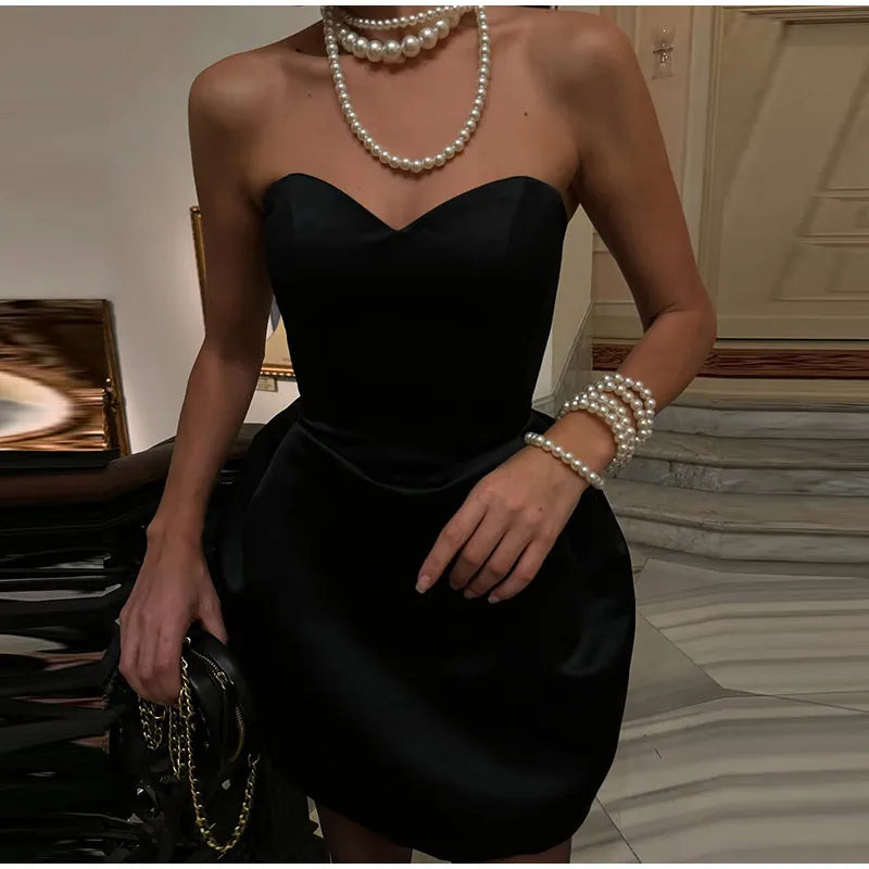 Red Strapless Puff Pleated Hem Women Dress Sexy Off Shoulder Slim Backless Sleeveless Dresses Female Evening Party Club Gown