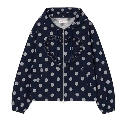 Spring 2025 New Korean Heart Shaped Ruffle Dot Printed Zipper Hoodie y2k Retro High end Design Loose Sweet Long Sleeve Jacket