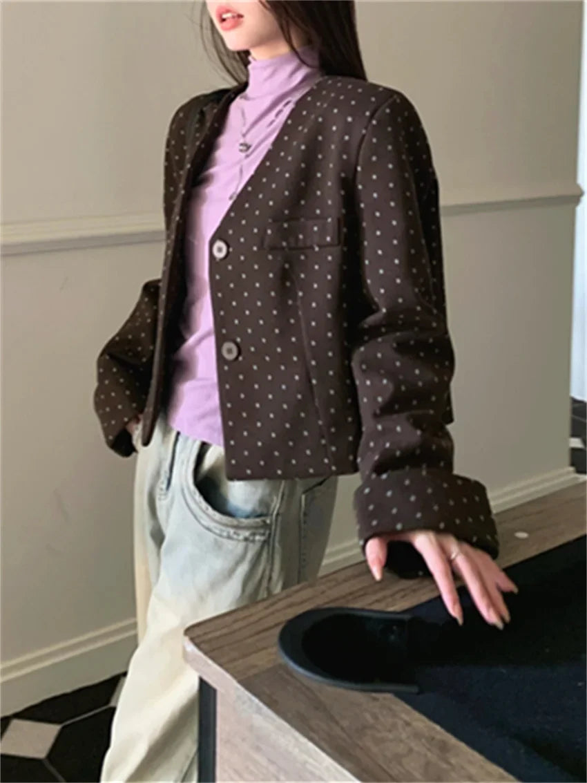 Office Lady Coats New Woolen Chic Elegant Women Autumn Polka Dots Slim High Street Casual Work Wear V-Neck