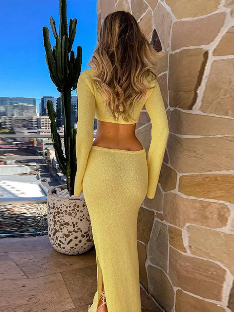 Crew Neck Cutout Twist Waist Side Slit Boucle Knit Maxi Dress