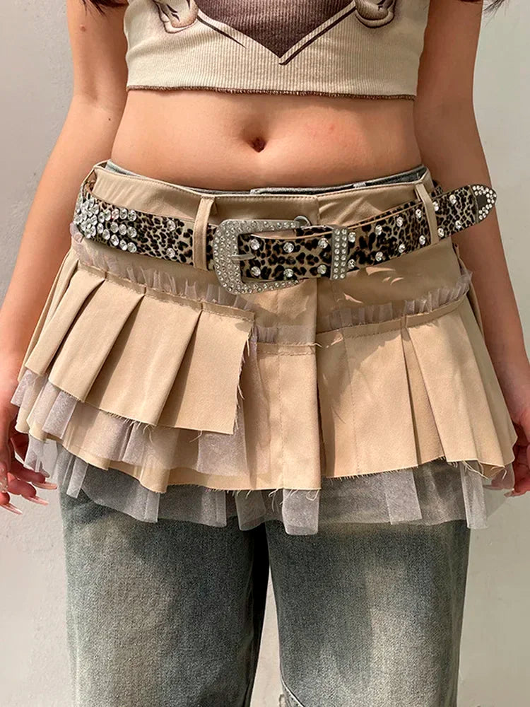 Rhinestone Belts Sexy Y2K Irregular Layered Mesh Cargo Skirts for Womens Summer Fashion High Waist Micro Mini Skirt Female