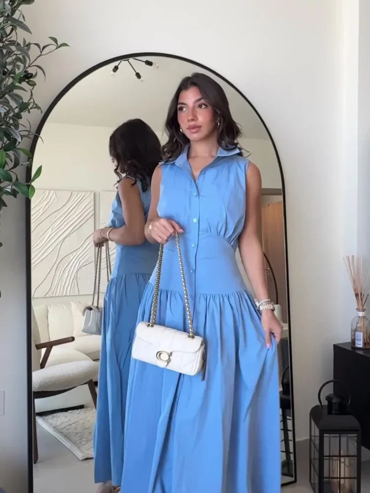 Casual Sleeveless Slim Women Long Dresses Fashion Bule Lapel Single Breasted Patchwork Pleated Dress Summer Lady Street Robes