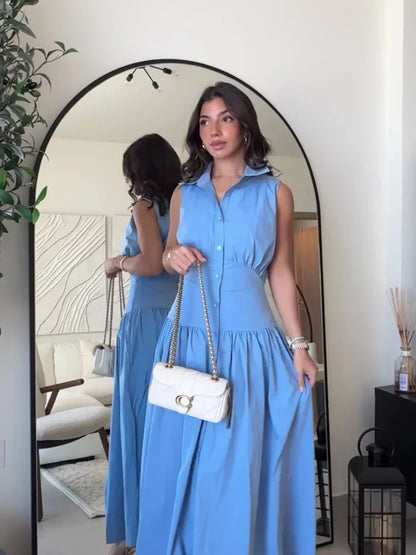 Casual Sleeveless Slim Women Long Dresses Fashion Bule Lapel Single Breasted Patchwork Pleated Dress Summer Lady Street Robes