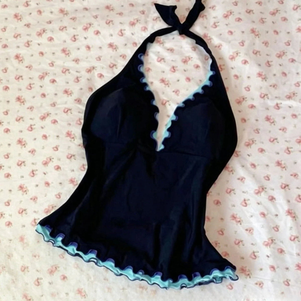 Sweet Spice Girls Halter Patchwork Fungus Set Vests Vacation Casual Slim Swimwears Y2K Goth Korea Chic Ins Elegant Moda Mujer