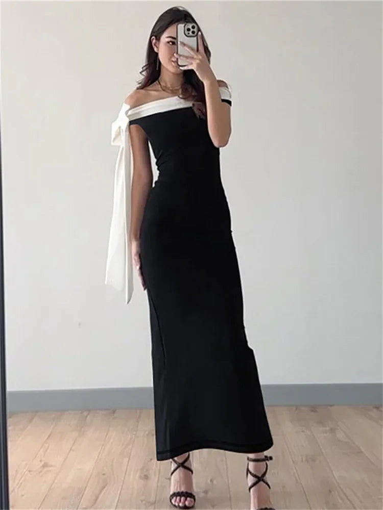 Off Shoulder Contrast Bow Shoulder Ribbon Bodycon Maxi Dress
