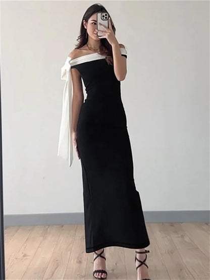Off Shoulder Contrast Bow Shoulder Ribbon Bodycon Maxi Dress
