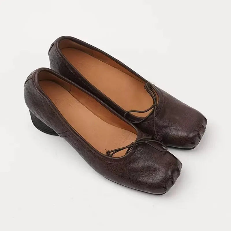 Fashion Square toe Bowknot Soft Leather Women Pumps Spring Summer Ballet Style Thick High heels Casual Chunky Loafer Shoes