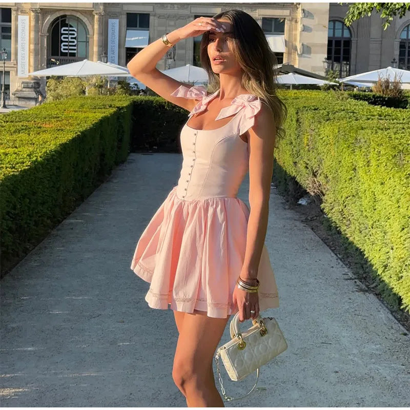 Pink Bow Women's Short Puffy A-line Dress Square Neck Sleeveless Party Dresses Female 2025 Summer Chic Lace Splicing Robe
